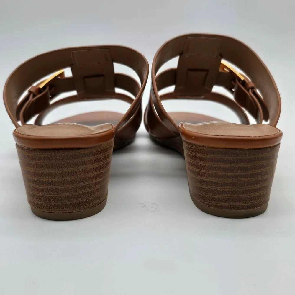 Aerosoles Borri Tan Brown Leather Wedge Slide Sandals Gold Buckle Womens 10